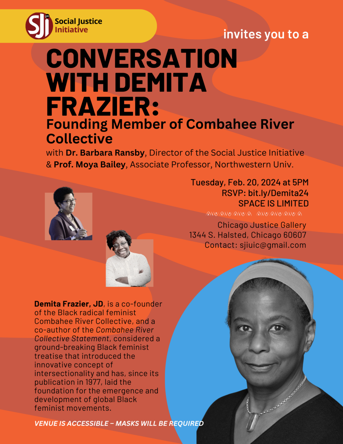 Orange flyer with blue river like graphic zigzags across. Text invites audience to Demita Frazier event. Photos of Ms Frazier and Dr Ransby appear on flyer.