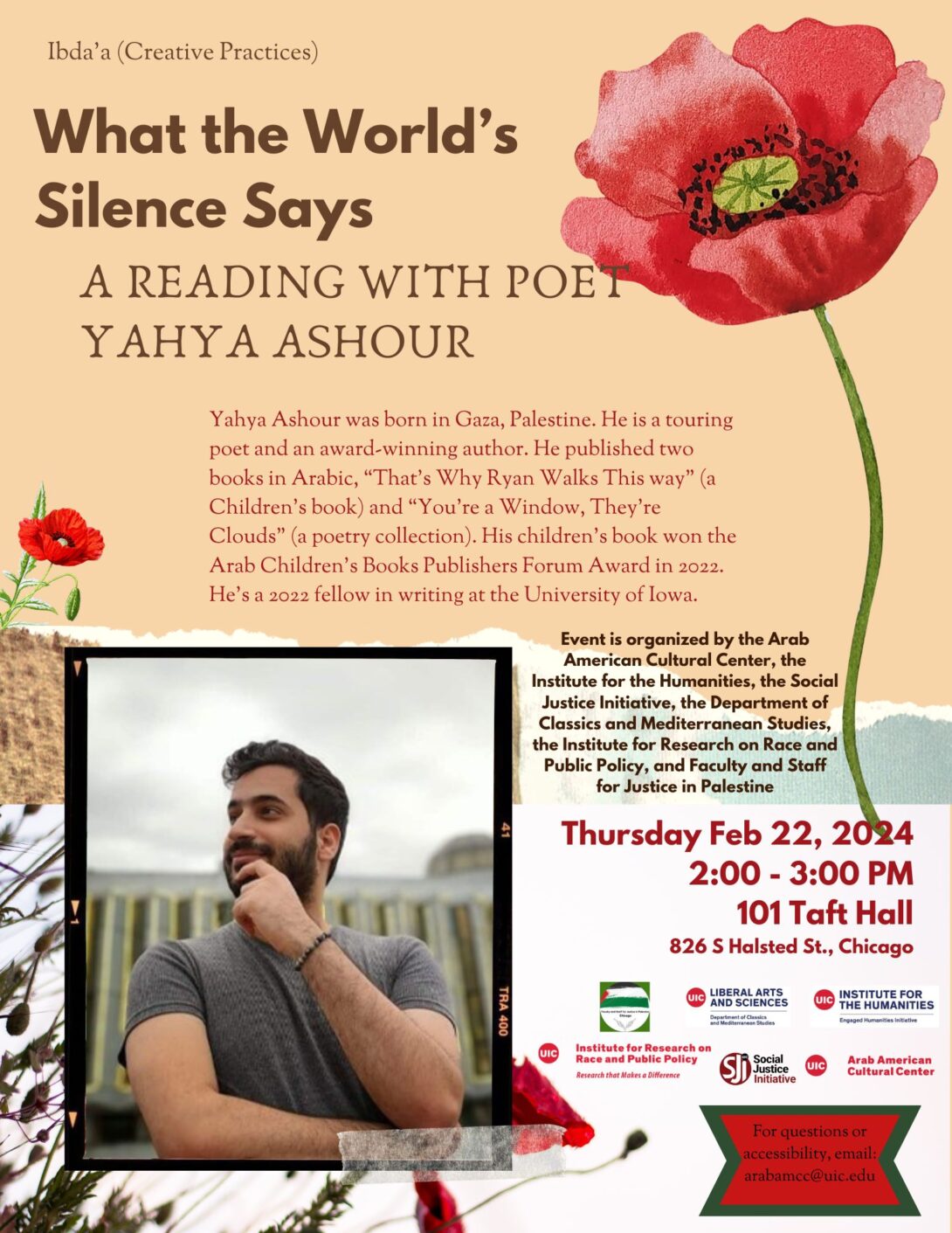 Tan background with a field of poppies rising upward. In the lower corner foreground is an image of a young bearded man in a grey t-shirt looking off into the distance.
