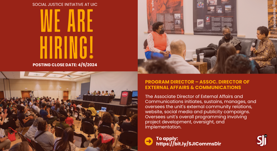 red background with yellow and white letters announcing We are Hiring! Associate Director of External Affairs and Communications