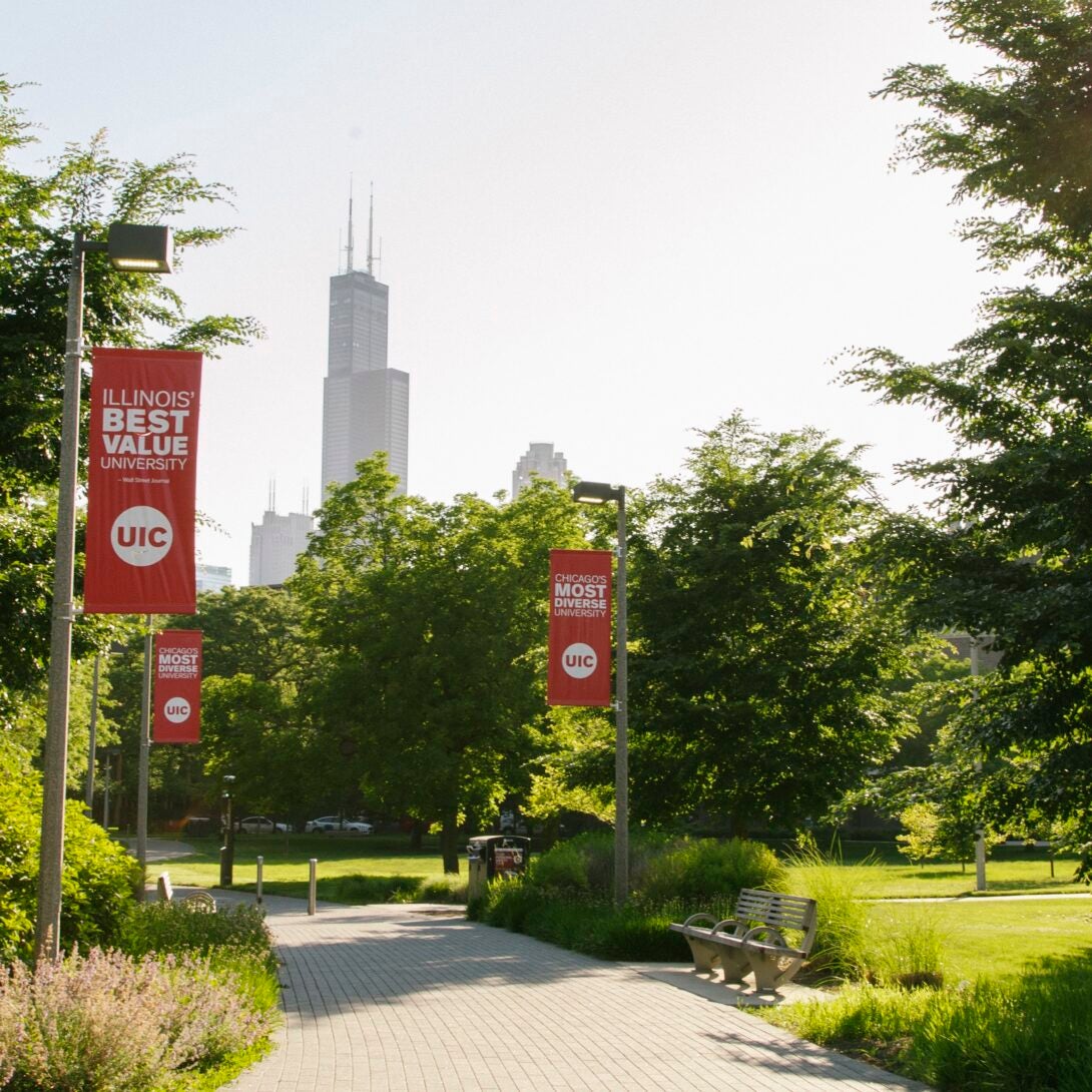 Image of UIC campus with Sears tower in the background